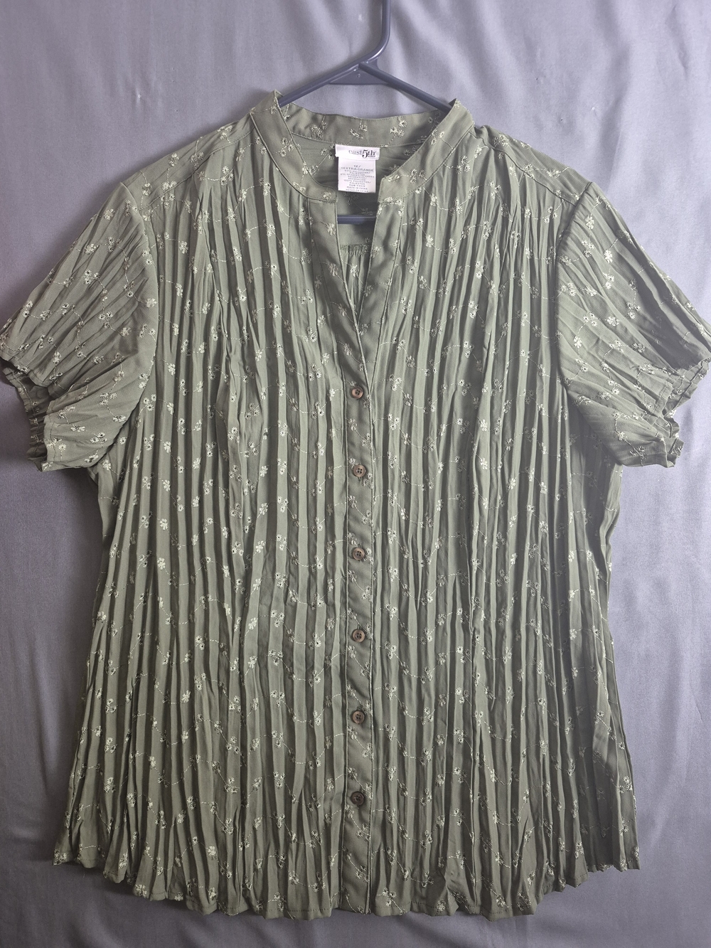 Pleated Olive Green Short-Sleeve Button Front Blouse
